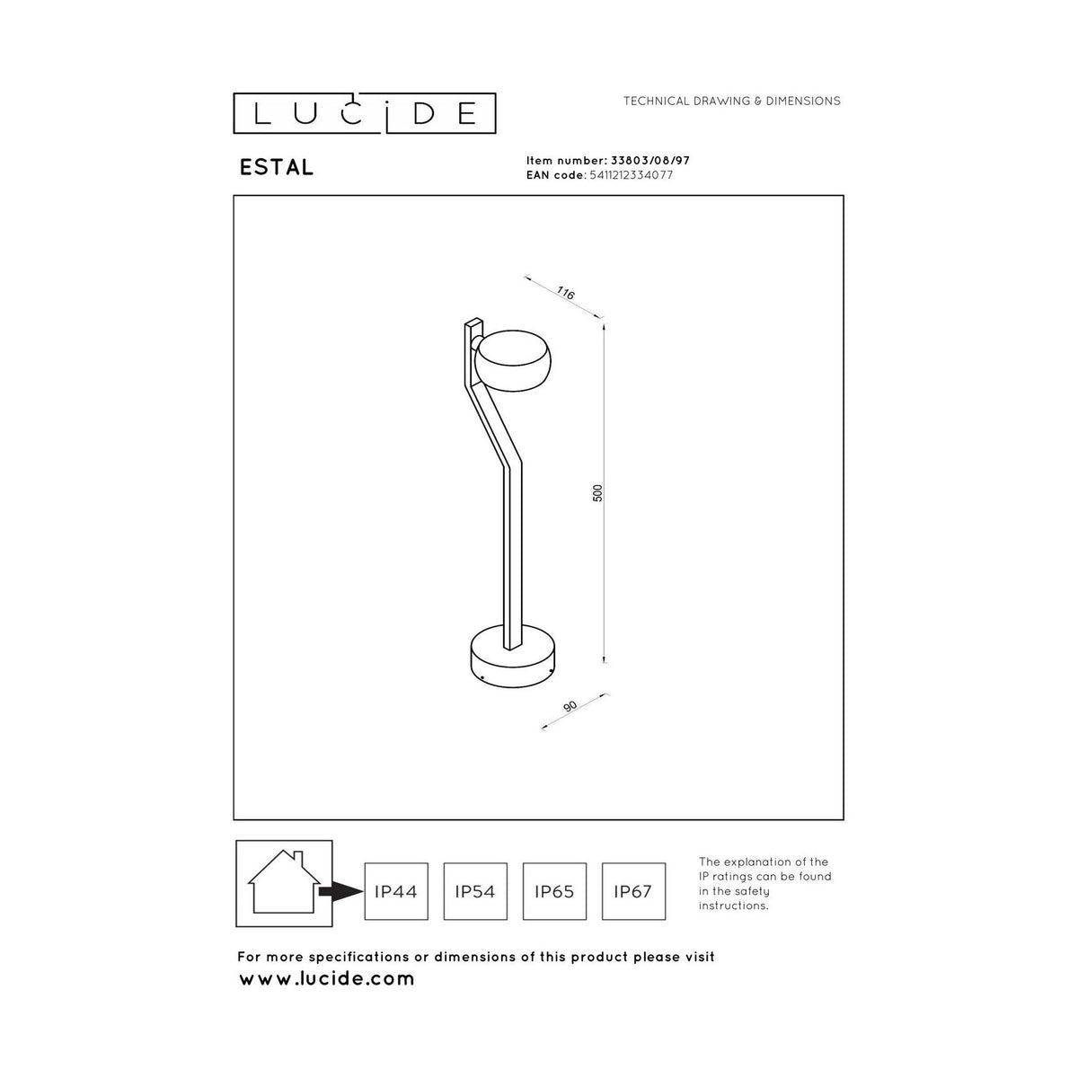 Schéma technique coté de la borne extérieure ESTAL avec hauteur 500 mm et largeur 116 mm.