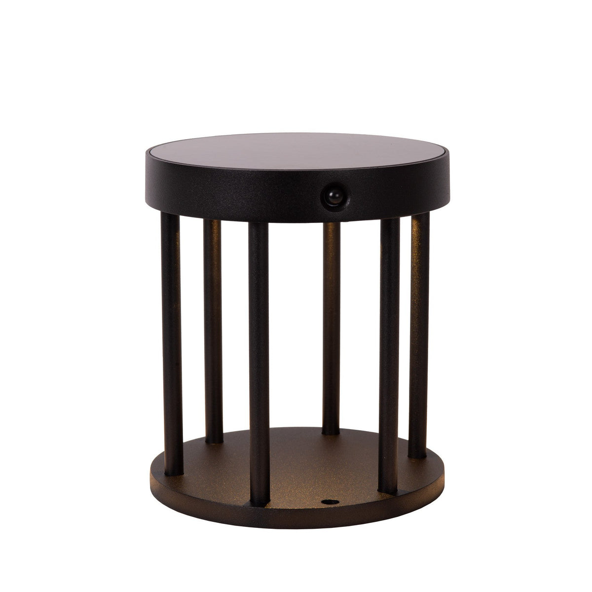 Borne lumineuse noire ronde vue de face sur fond blanc, capot et barres verticales
