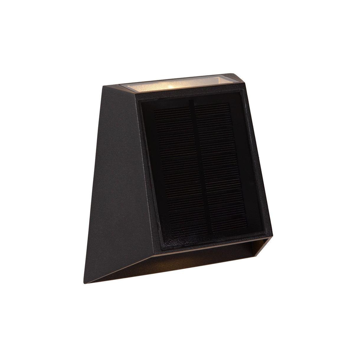 Applique murale noire de face, panneau solaire sur la face supérieure inclinée
