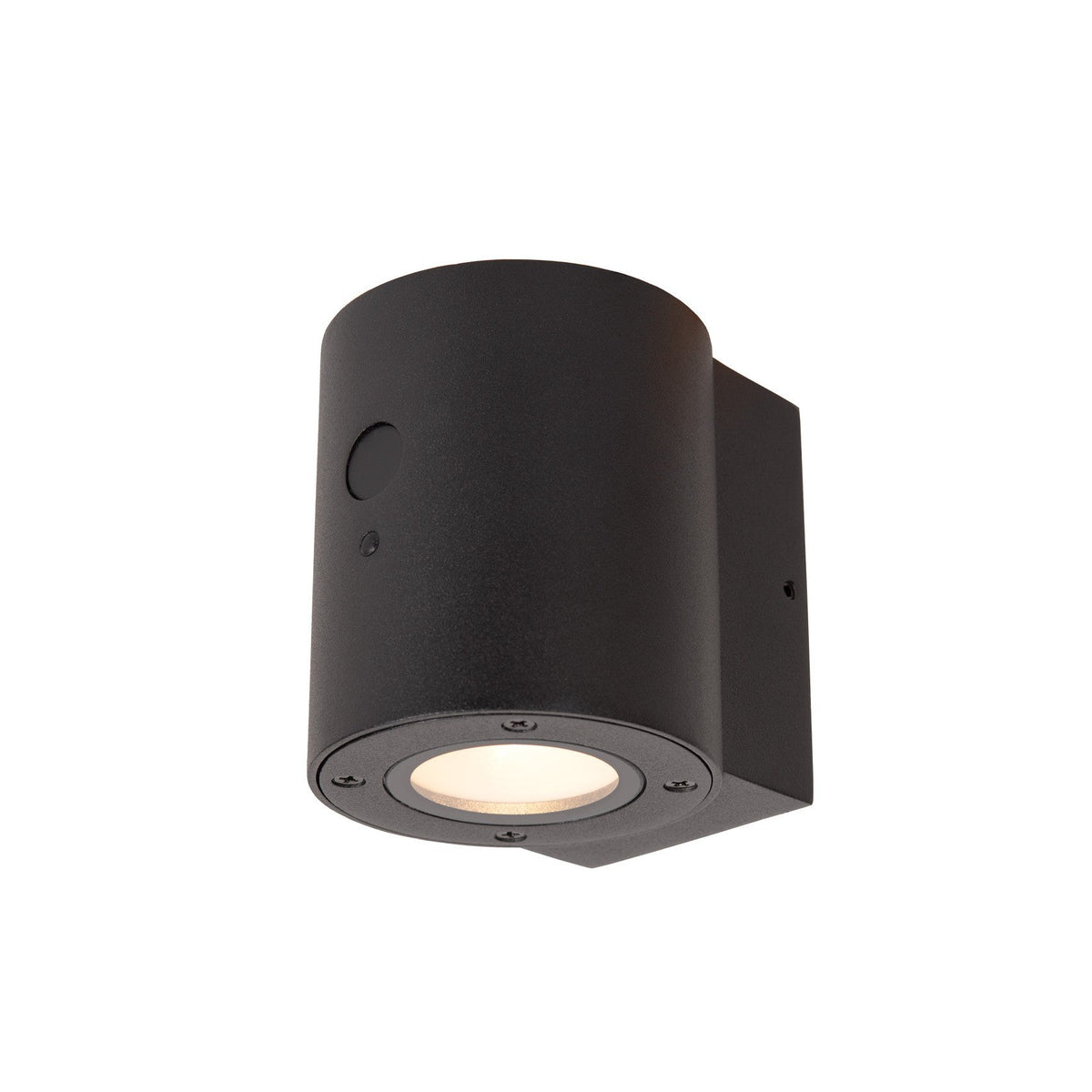 Applique murale noire cylindrique avec diffuseur rond éclairé en partie basse sur fond blanc.