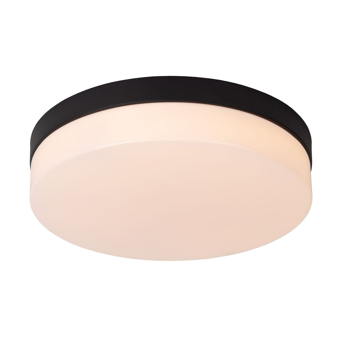 Vue de face du plafonnier rond à rebord noir et diffuseur opale