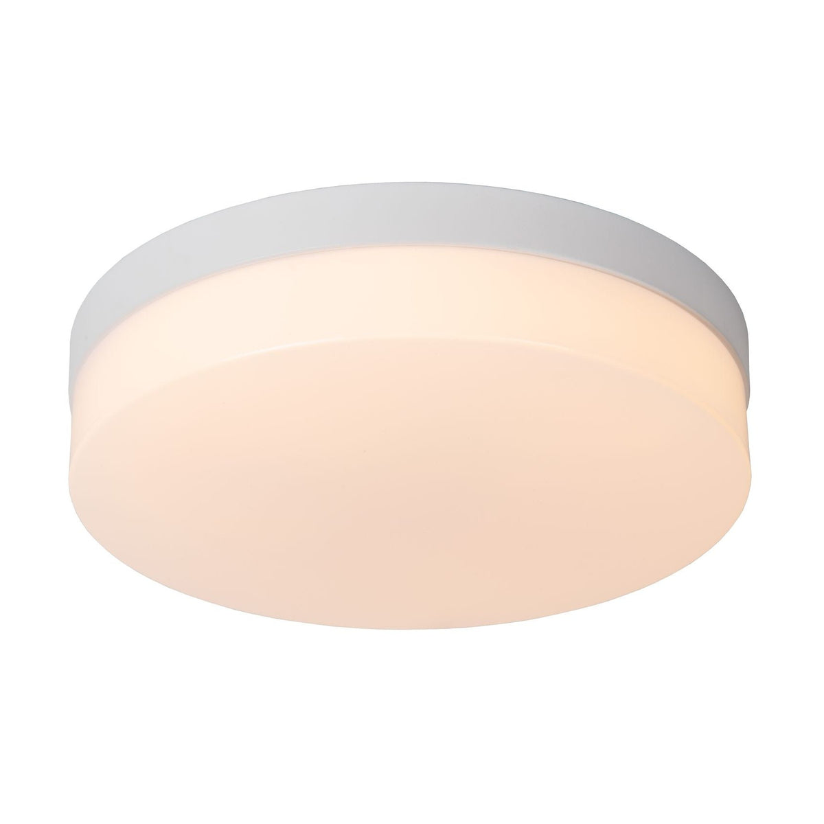 Vue de face du plafonnier blanc rond allumé, montrant le diffuseur et la base.