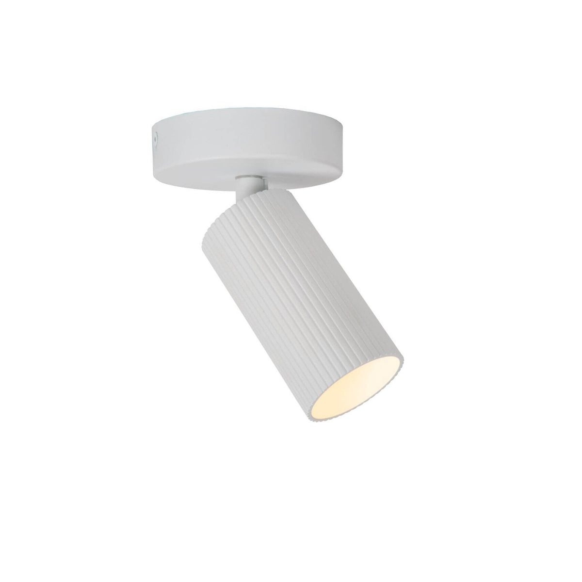 Plafonnier blanc orientable, corps cylindrique strié, base ronde fixée au plafond.