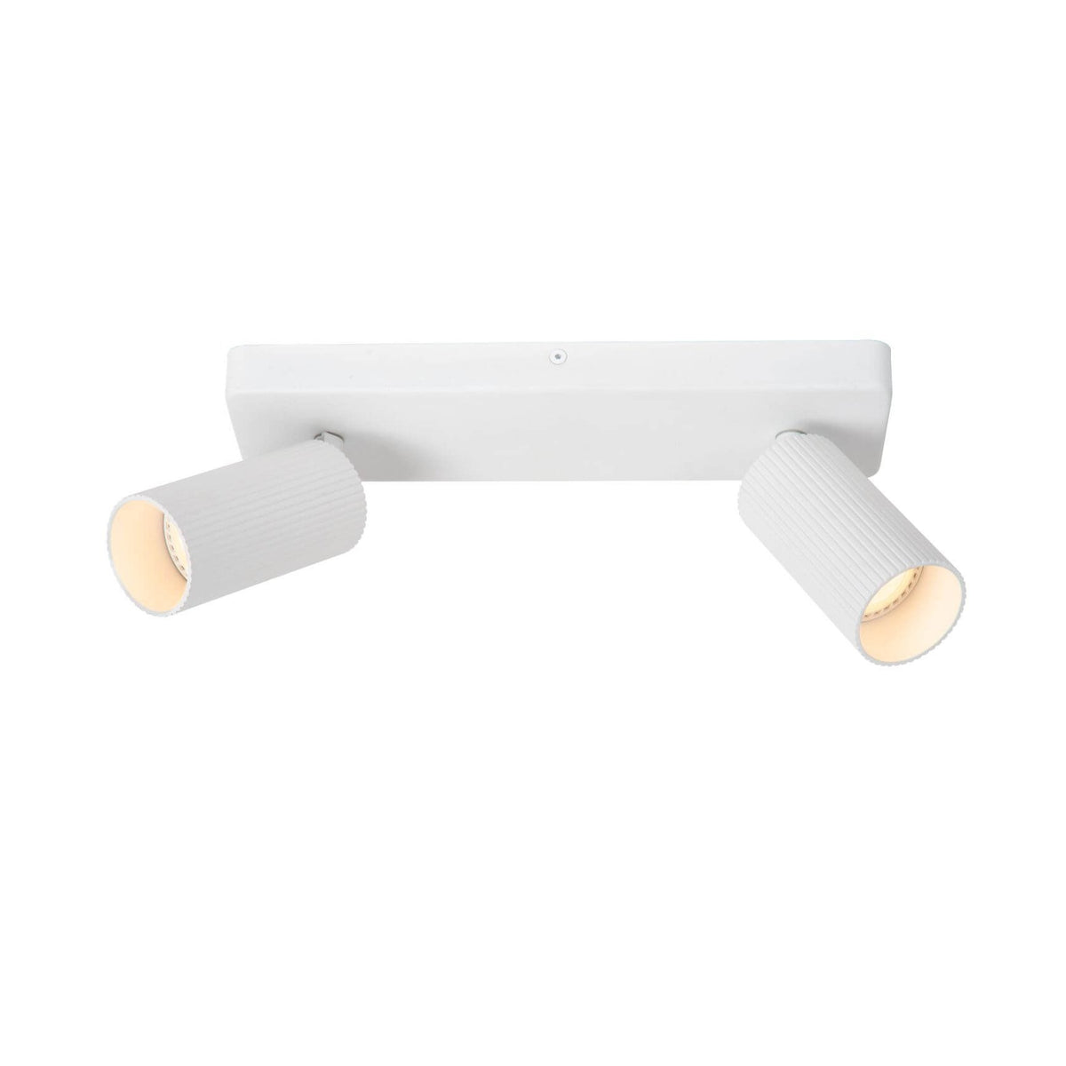 Plafonnier blanc à deux spots cylindriques orientables, vue de face sur fond blanc