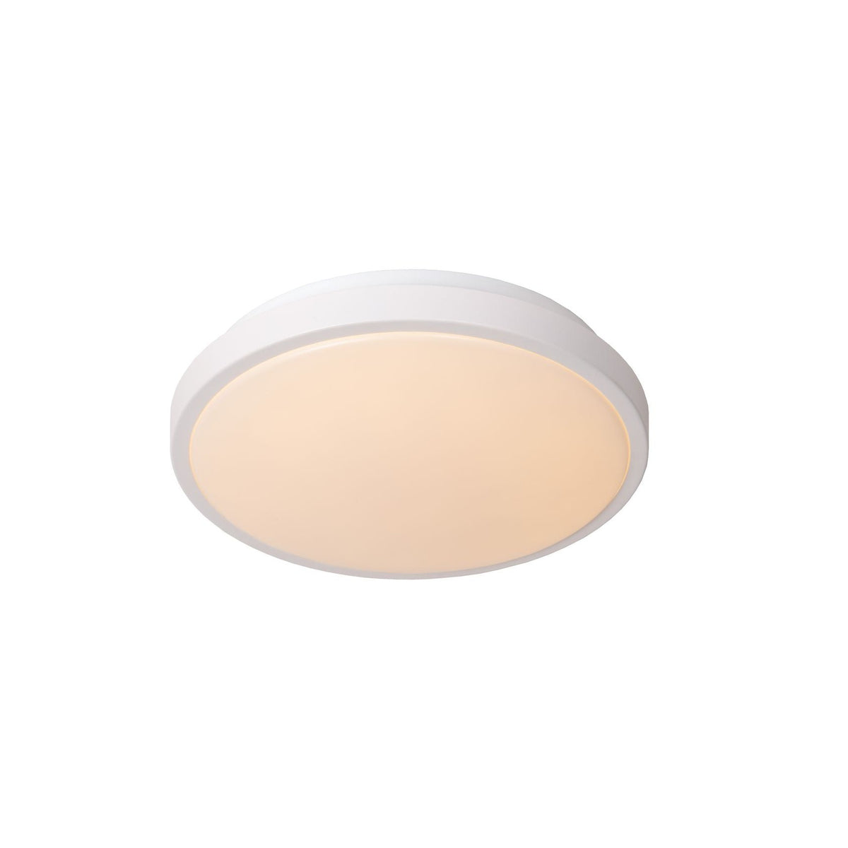 Plafonnier rond blanc vu de face, diffuseur allumé d'une lueur chaude