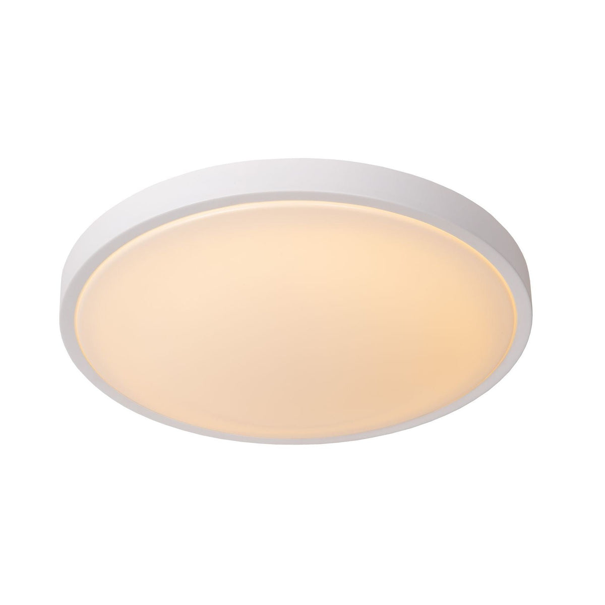 Plafonnier rond blanc allumé, vue de face sur fond neutre.