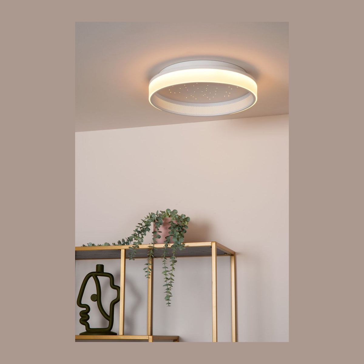 Plafonnier rond blanc fixé au plafond, mis en scène au-dessus d'une étagère dorée et d'une plante