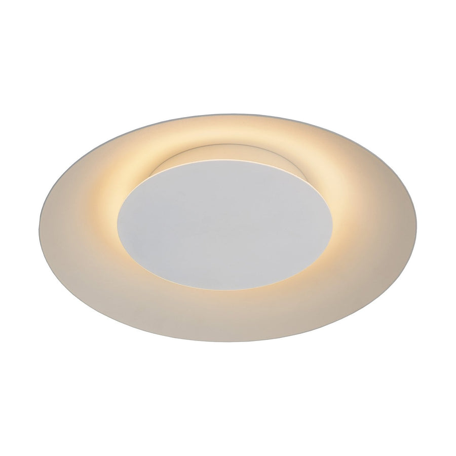 Plafonnier rond blanc allumé, vue de face, halo lumineux diffus autour du disque central.