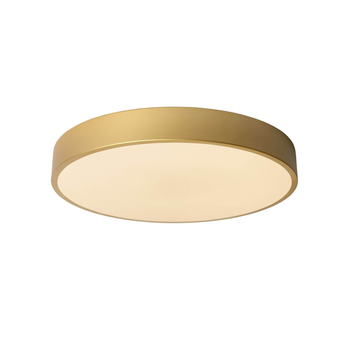 Plafonnier rond doré mat avec diffuseur opale, vue de trois quarts.
