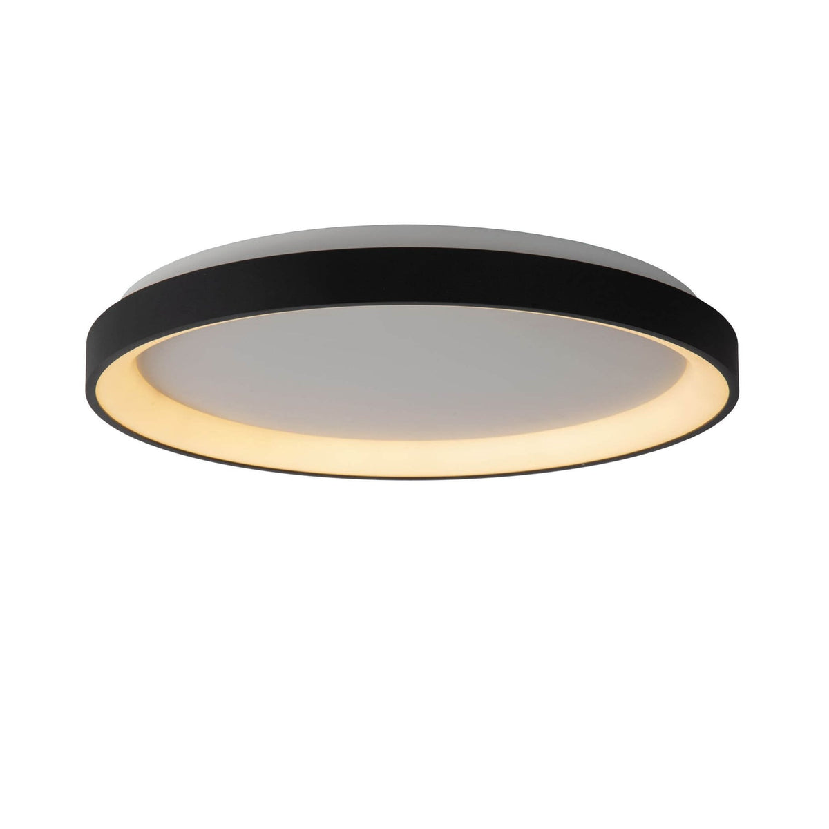 Plafonnier rond noir vu de face, diffuseur opale allumé, fond blanc neutre