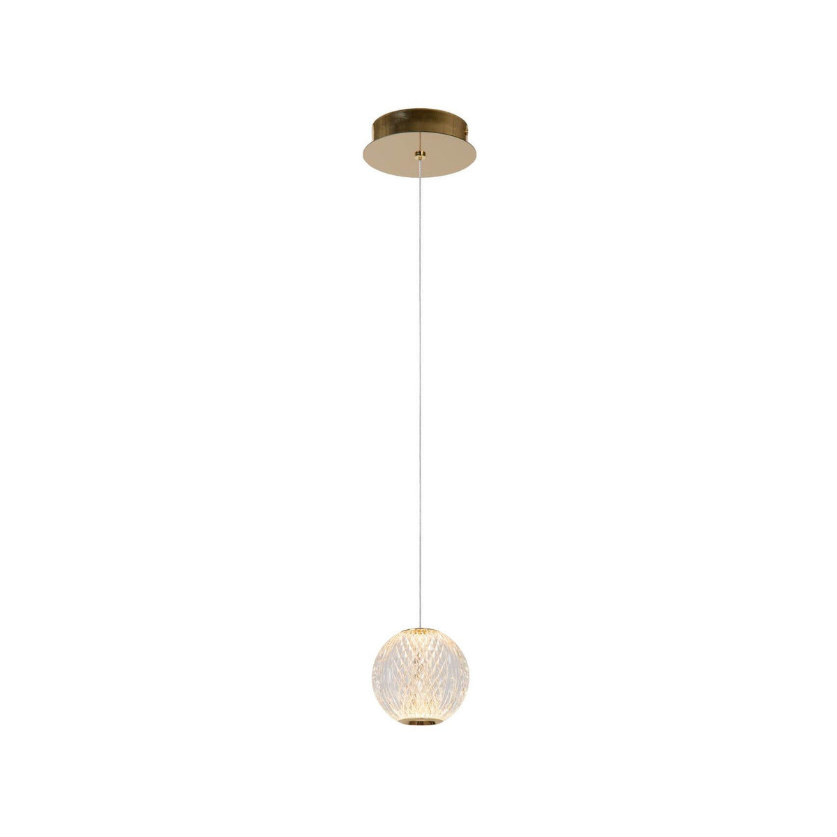 Vue d'ensemble de la suspension avec globe en verre transparent et structure dorée.