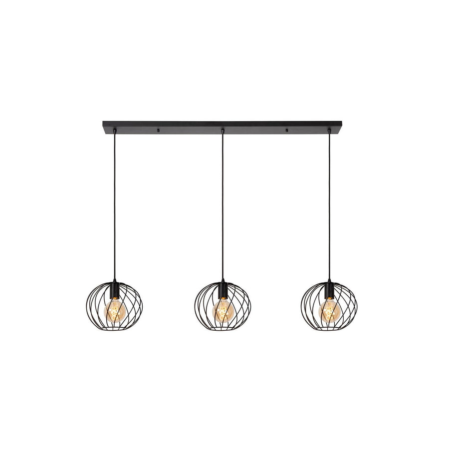 Suspension noire à trois cages sphériques en fil métallique, vue de face sur fond blanc