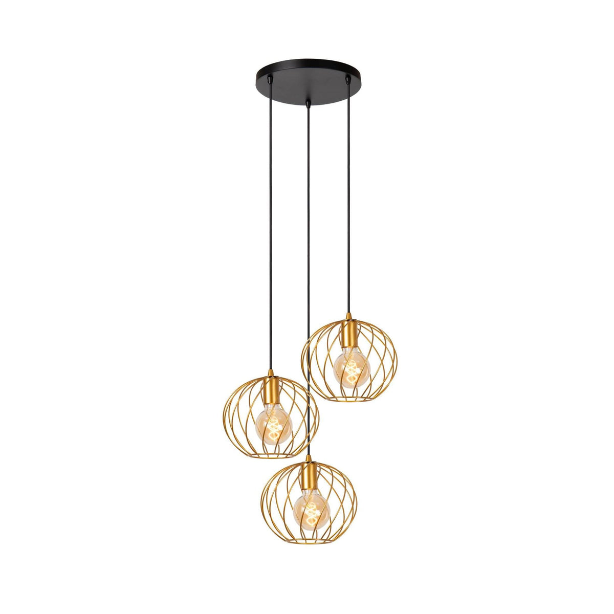 Suspension trois lumières vue de face, cages dorées suspendues à des hauteurs différentes sous un socle noir