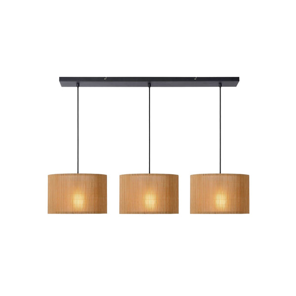 Suspension Magius 3 lumières bois clair et noire, rotin