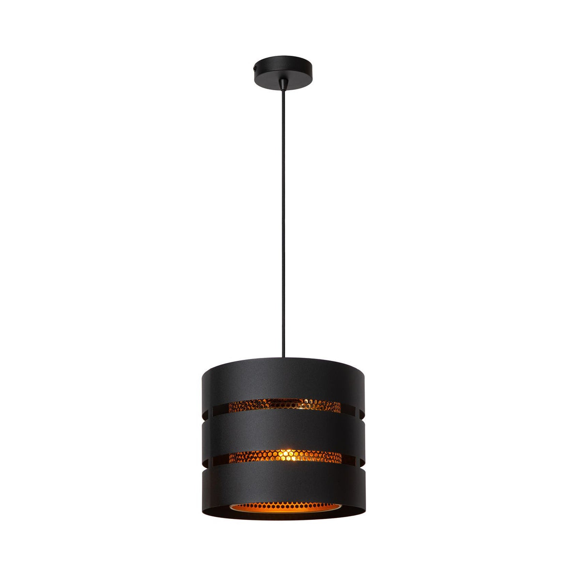 Suspension noire vue de face avec câble textile et rosace de plafond