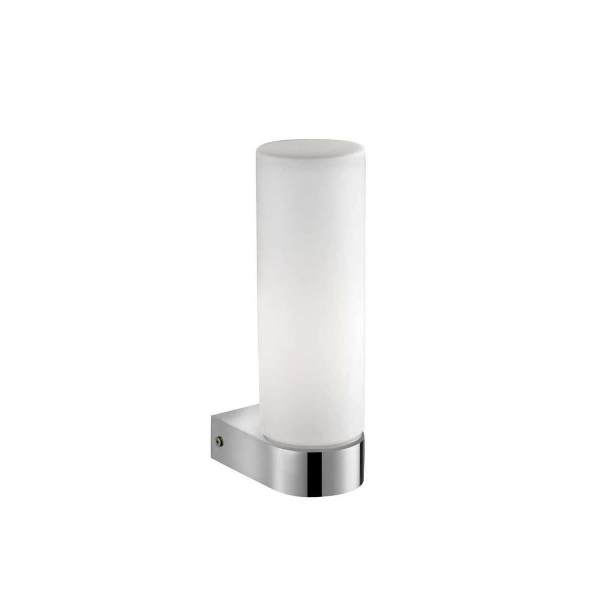Applique murale chromée avec diffuseur cylindrique en verre opalin, vue de face sur fond blanc