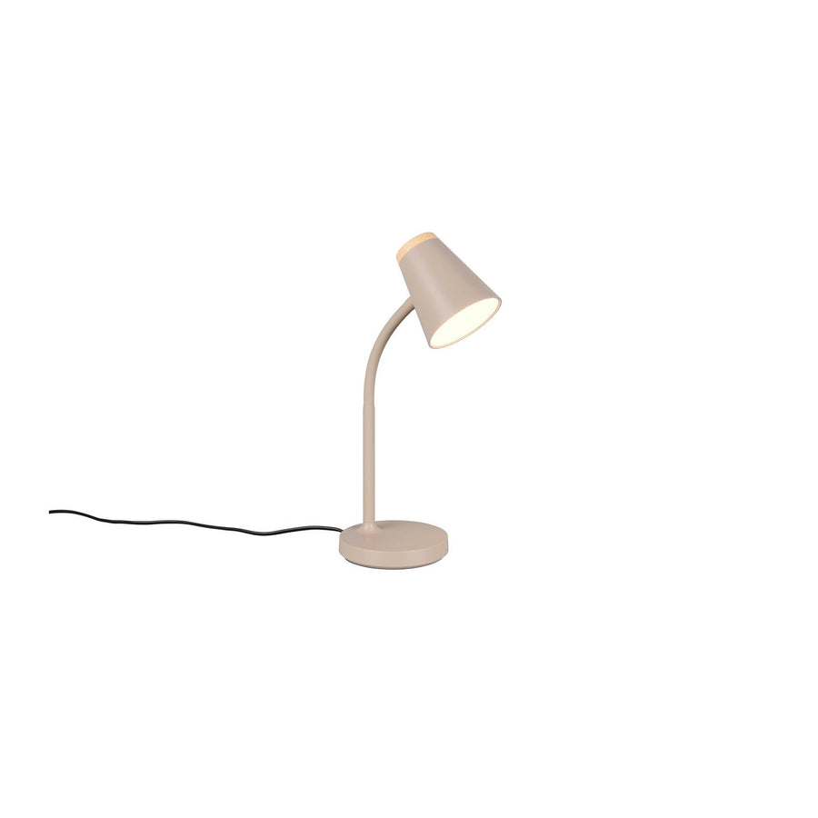 Lampe à poser beige de trois quarts, abat-jour conique et base ronde, cordon visible