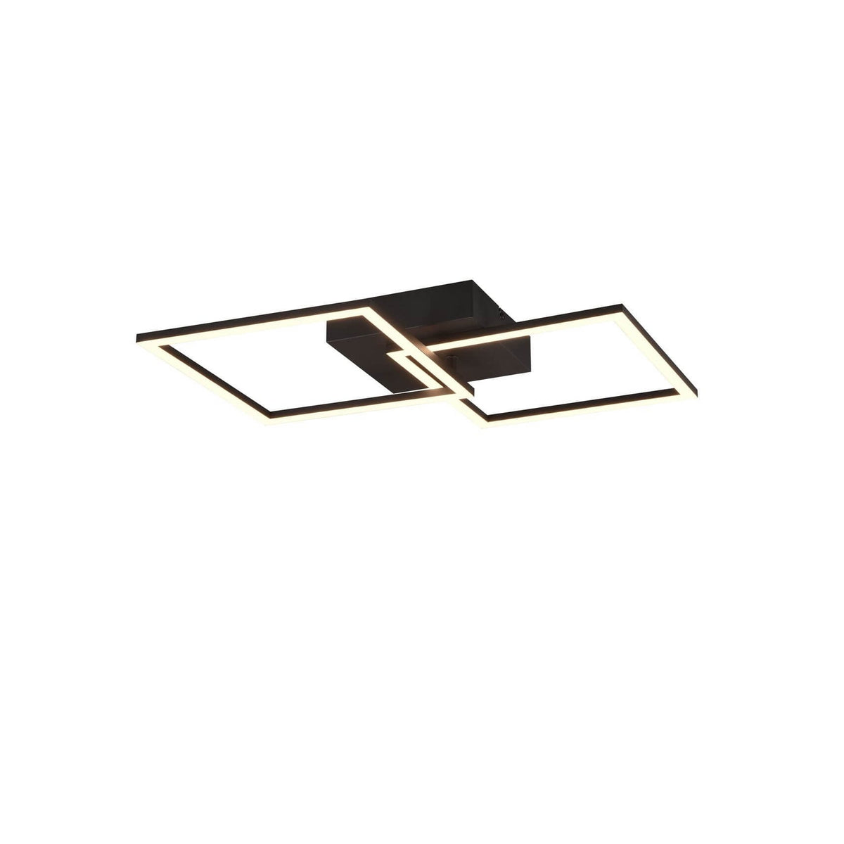 Plafonnier noir mat vu de trois quarts, deux cadres rectangulaires lumineux superposés