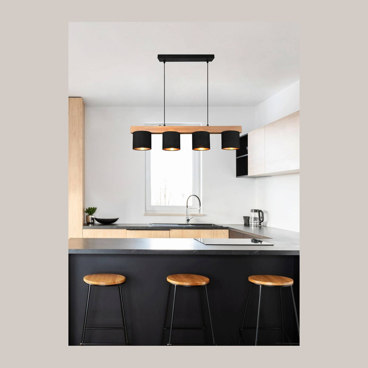 Suspension Cameron 4 lumières bois et noire