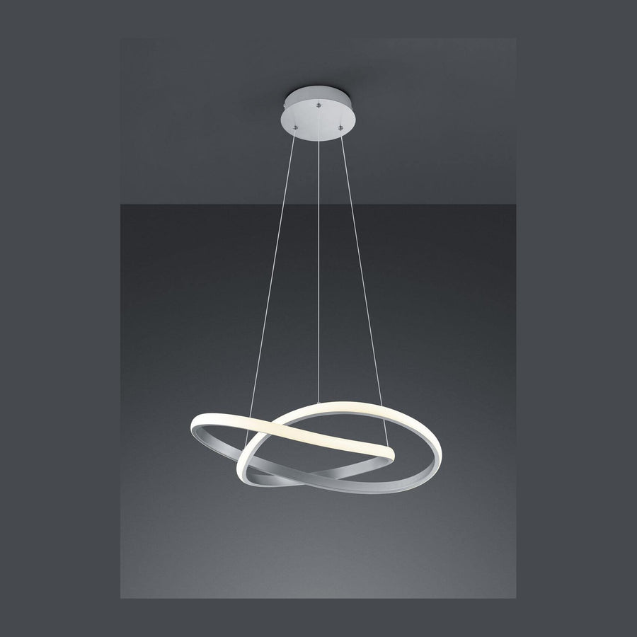 Suspension vue de face sur fond anthracite, double anneau nickel croisé et câbles fins