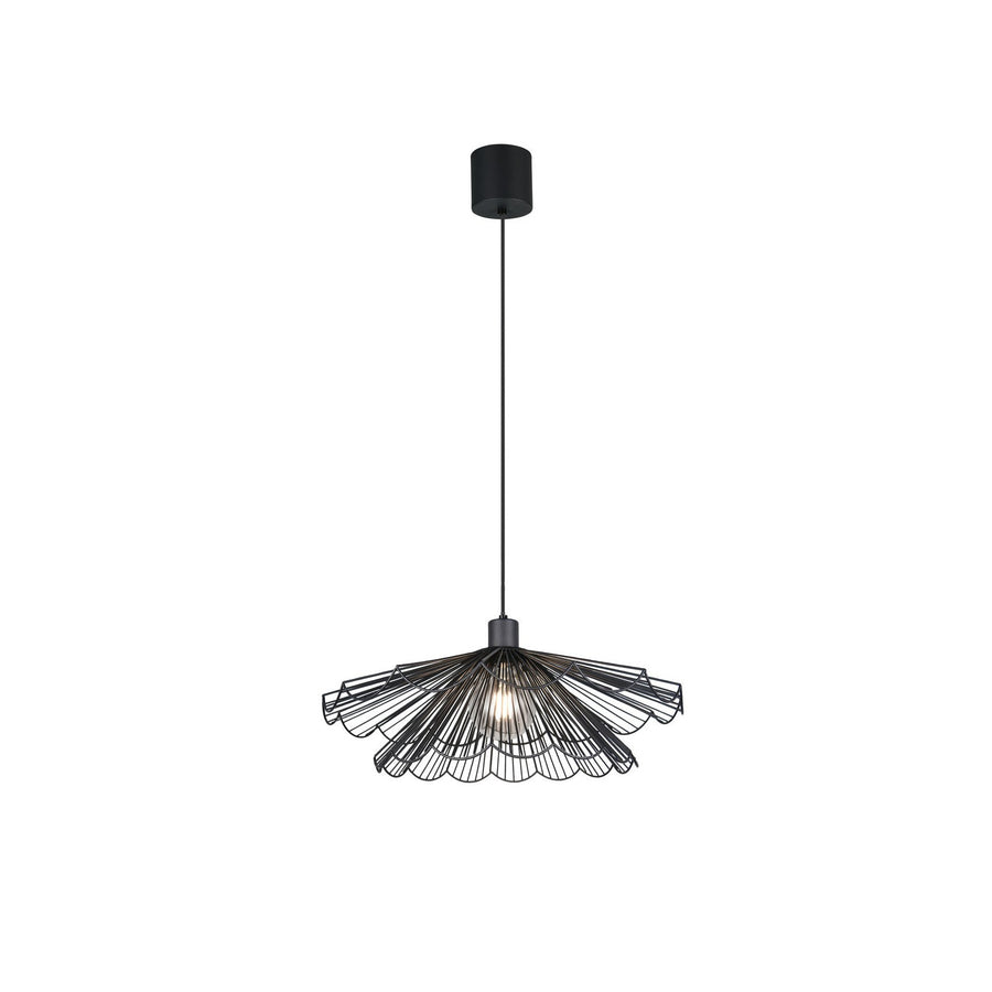 Suspension noire mate vue de face, abat-jour filaire en forme de fleur épanouie