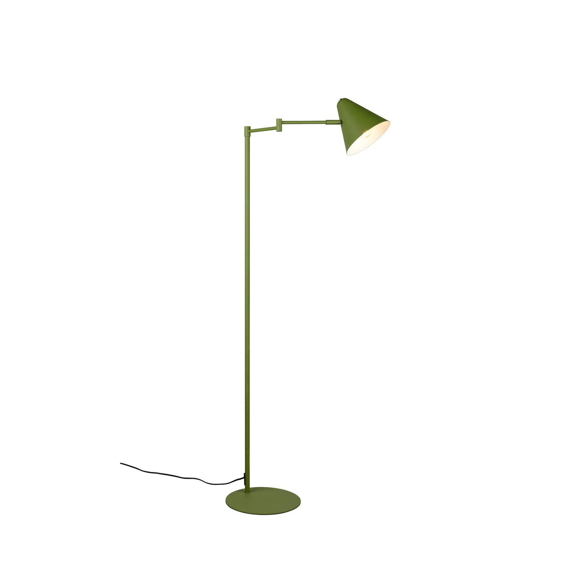 Lampadaire vert avec bras articulé, abat-jour conique et base ronde au sol.