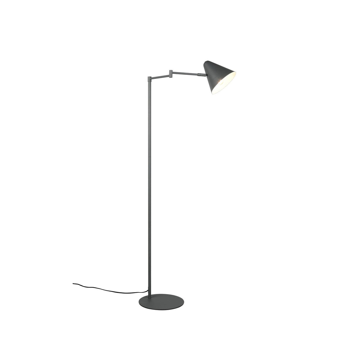 Lampadaire anthracite sur fond blanc, abat-jour conique orientable et bras articulé.
