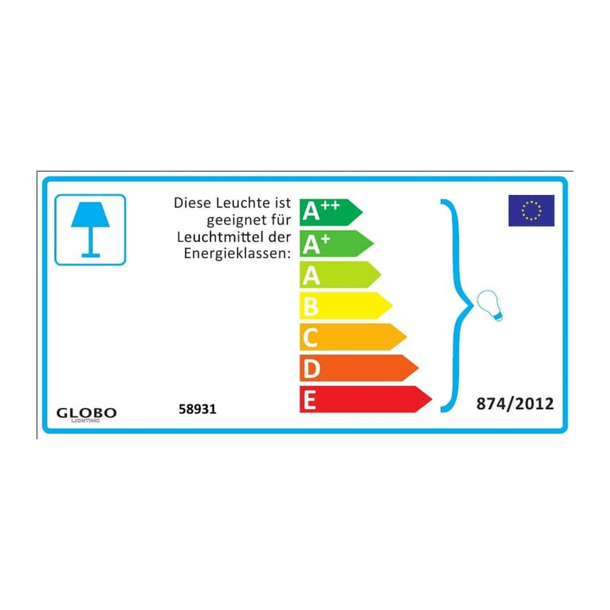 Étiquette énergie européenne indiquant les classes compatibles A++ à E pour cette lampe