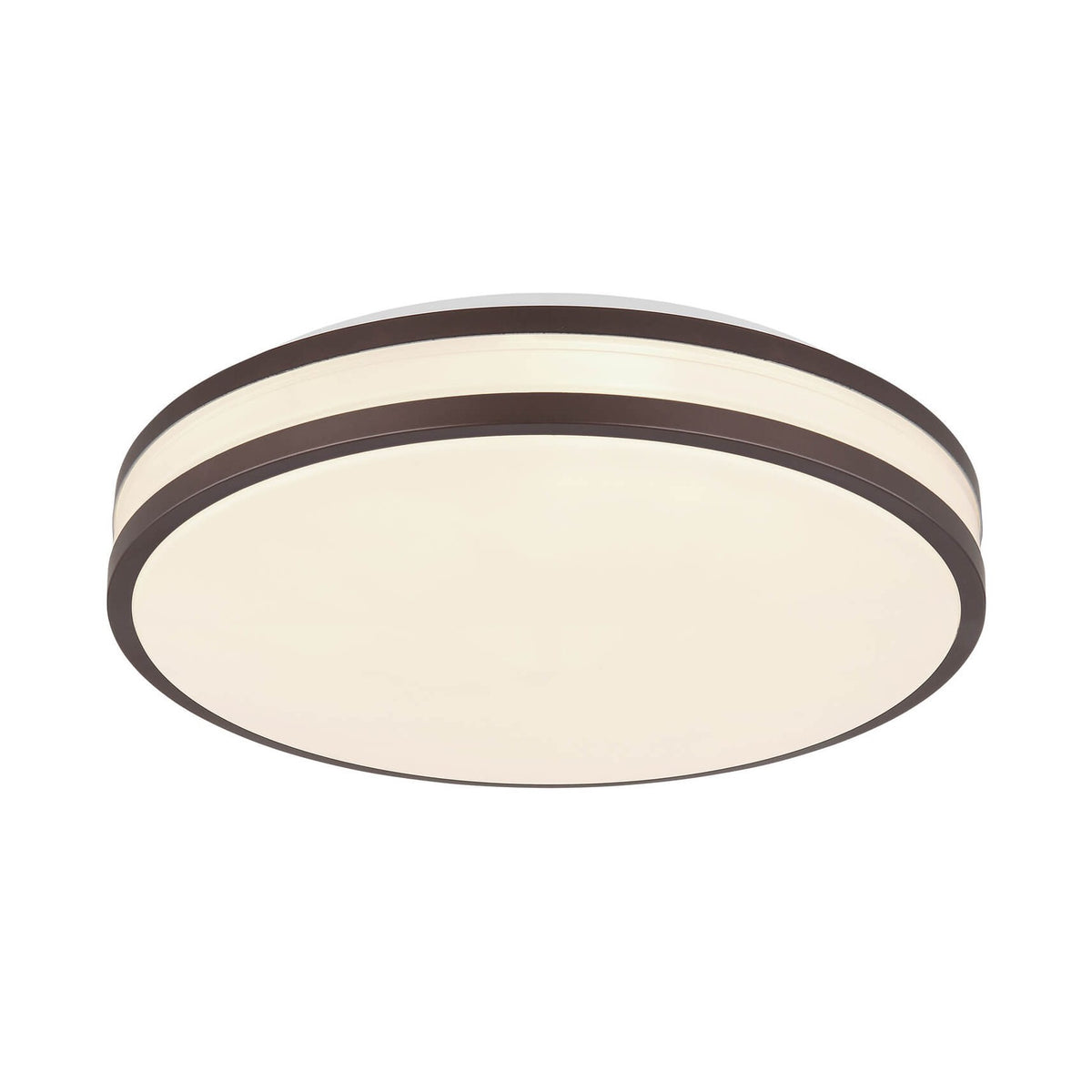 Plafonnier rond de face, diffuseur blanc et cerclage marron foncé sur fond neutre