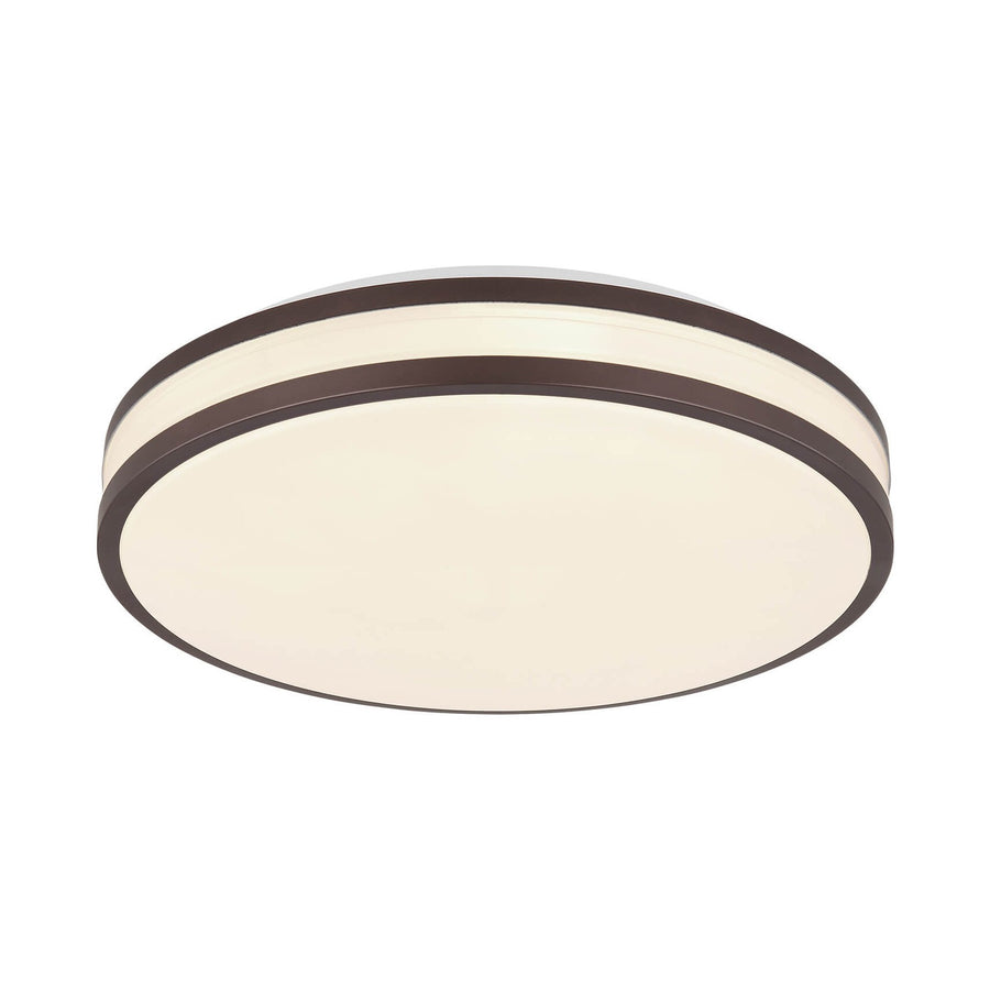 Plafonnier rond de face, diffuseur blanc et cerclage marron foncé sur fond neutre