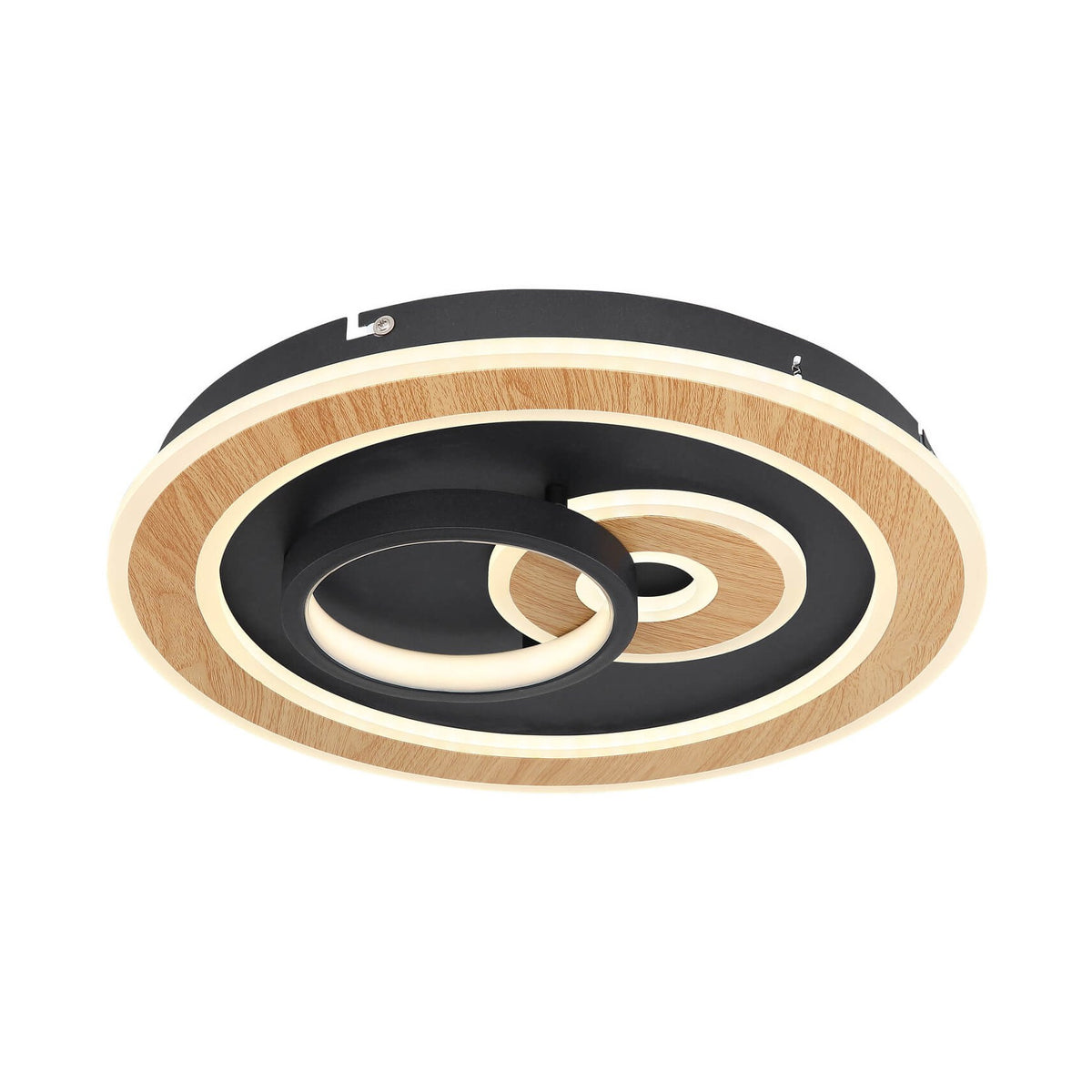 Vue de face du plafonnier rond en métal noir mat avec cercles en bois clair.
