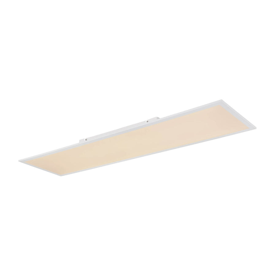 Vue de dessous du plafonnier rectangulaire blanc, diffuseur éteint sur fond blanc