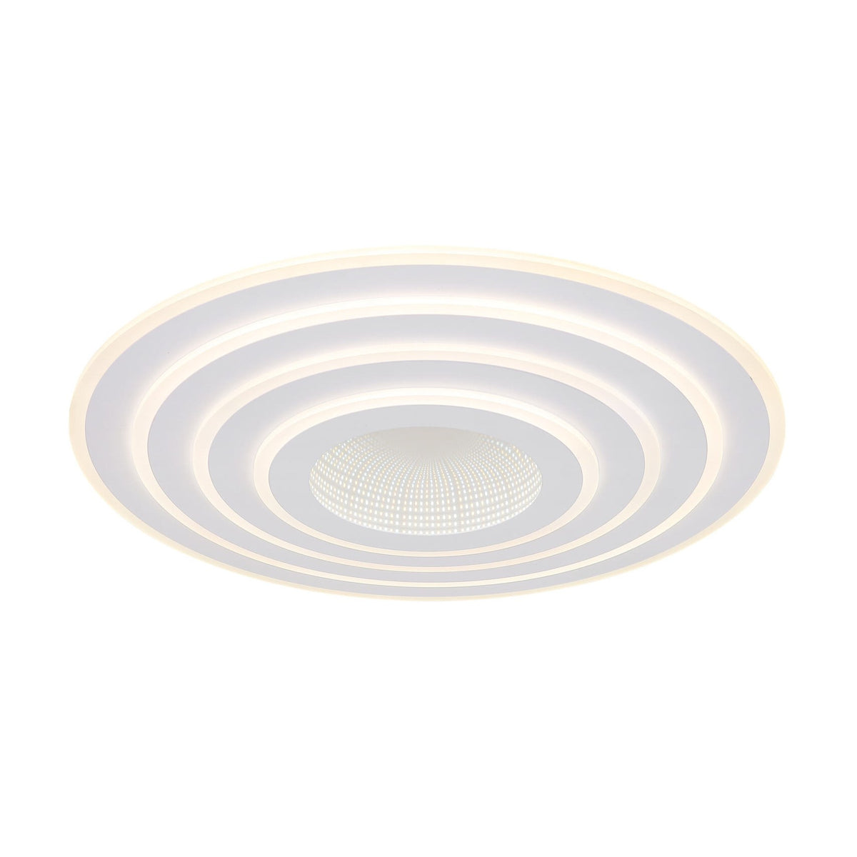 Vue de dessus du plafonnier rond blanc mat avec ses anneaux concentriques
