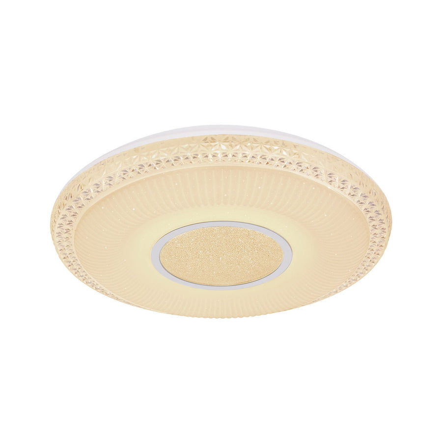 Plafonnier rond allumé en lumière chaude, vue de trois quarts montrant le verre texturé