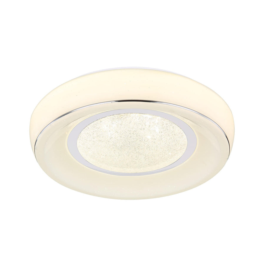 Plafonnier rond vu de face, verre blanc moucheté et anneau chromé central