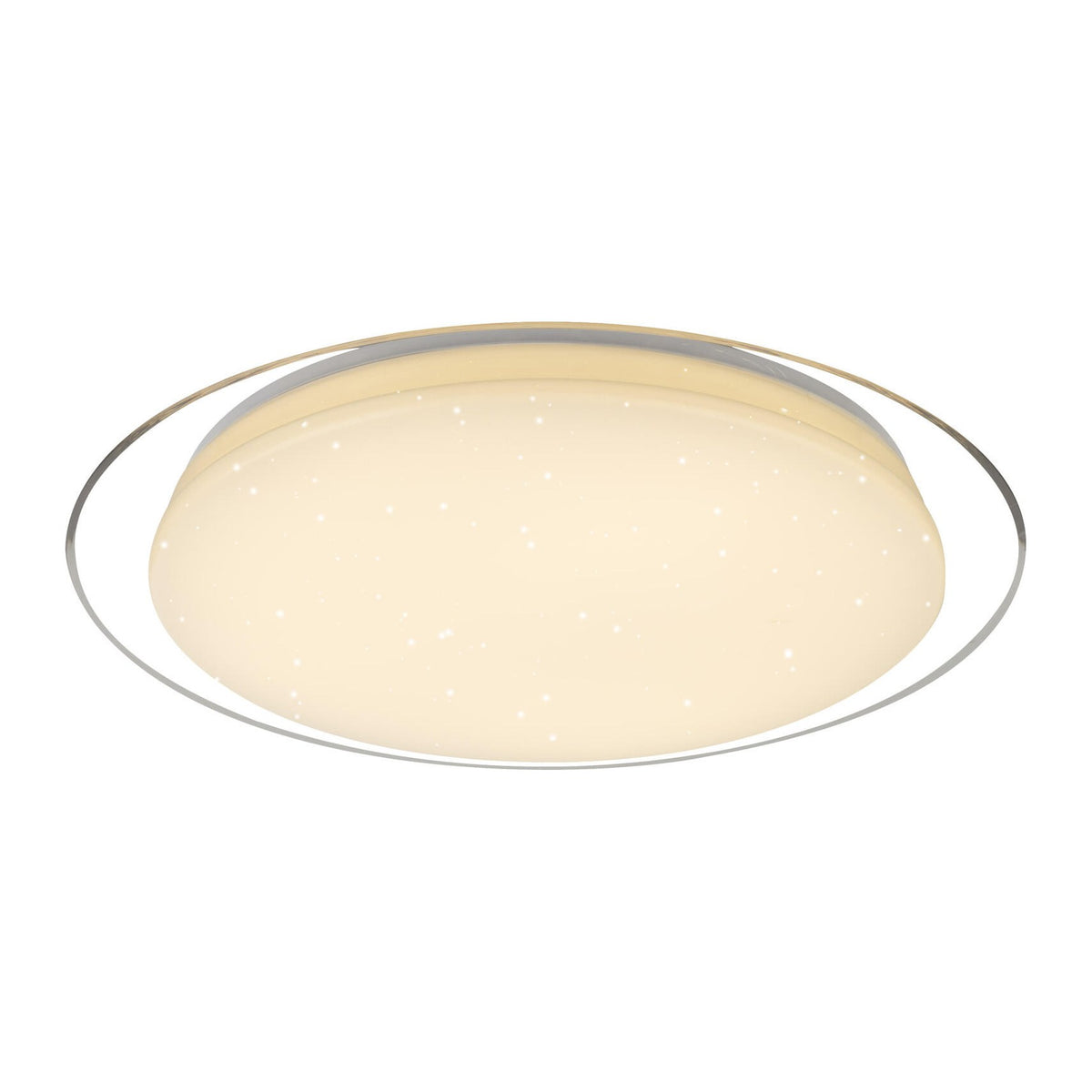 Plafonnier rond blanc avec anneau métallique, allumé, sur fond blanc