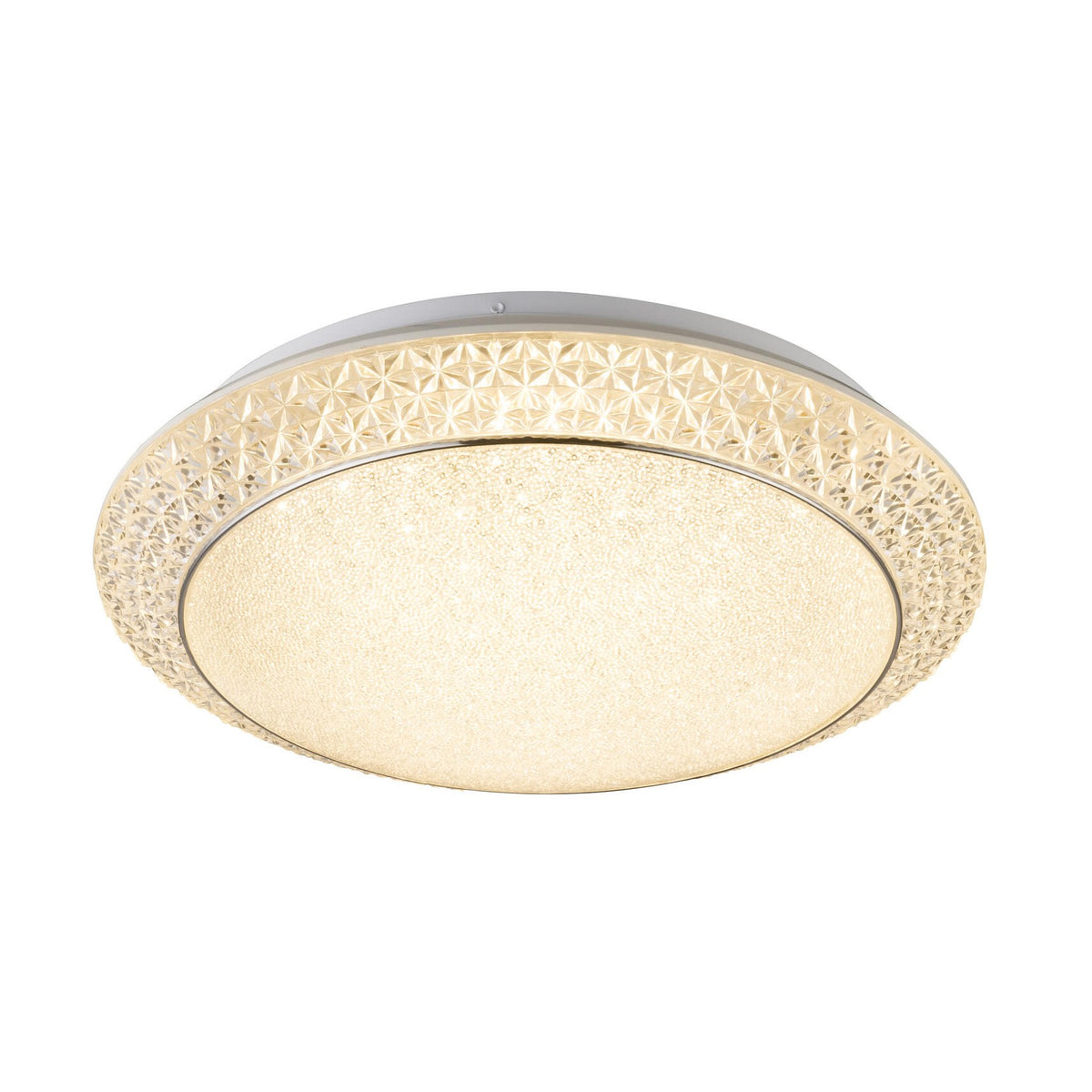 Plafonnier rond allumé vu de face sur fond blanc, verre dépoli et cerclage ajouré