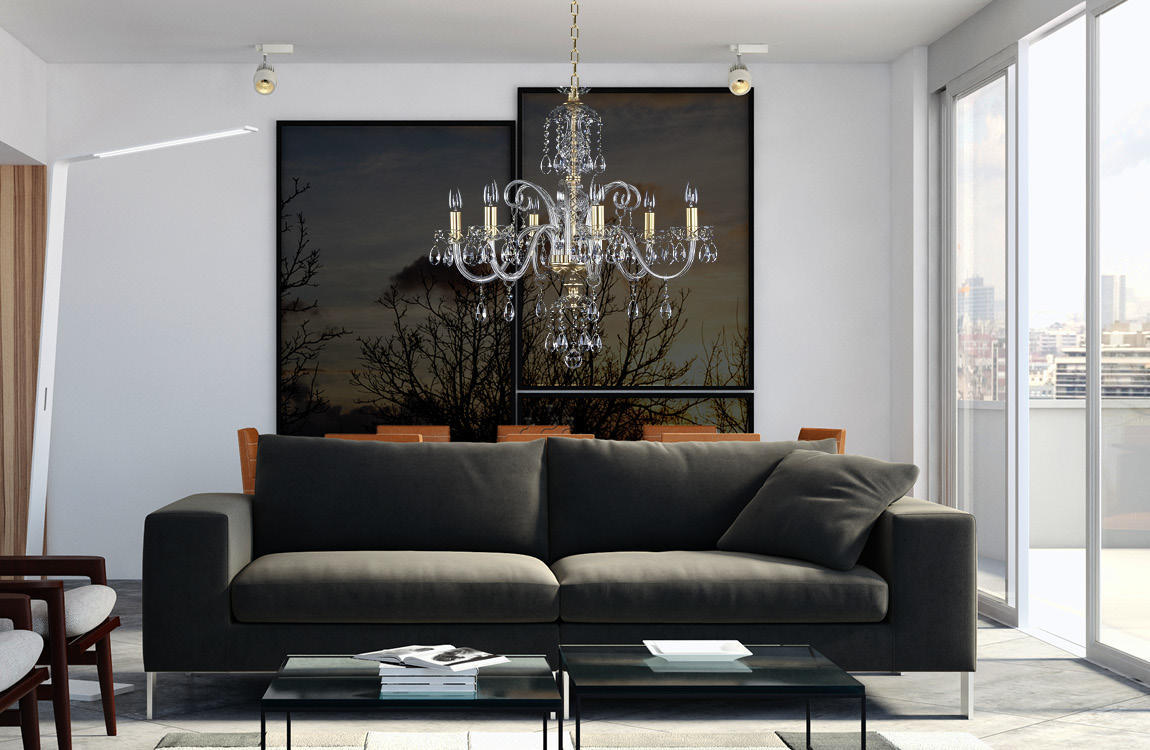 Mise en ambiance du lustre suspendu au-dessus d'un salon moderne et lumineux