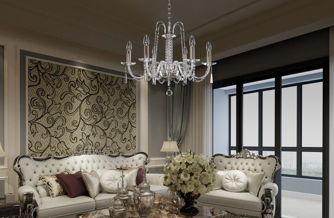 Lustre suspendu au-dessus d'un salon beige, mise en ambiance décorative raffinée