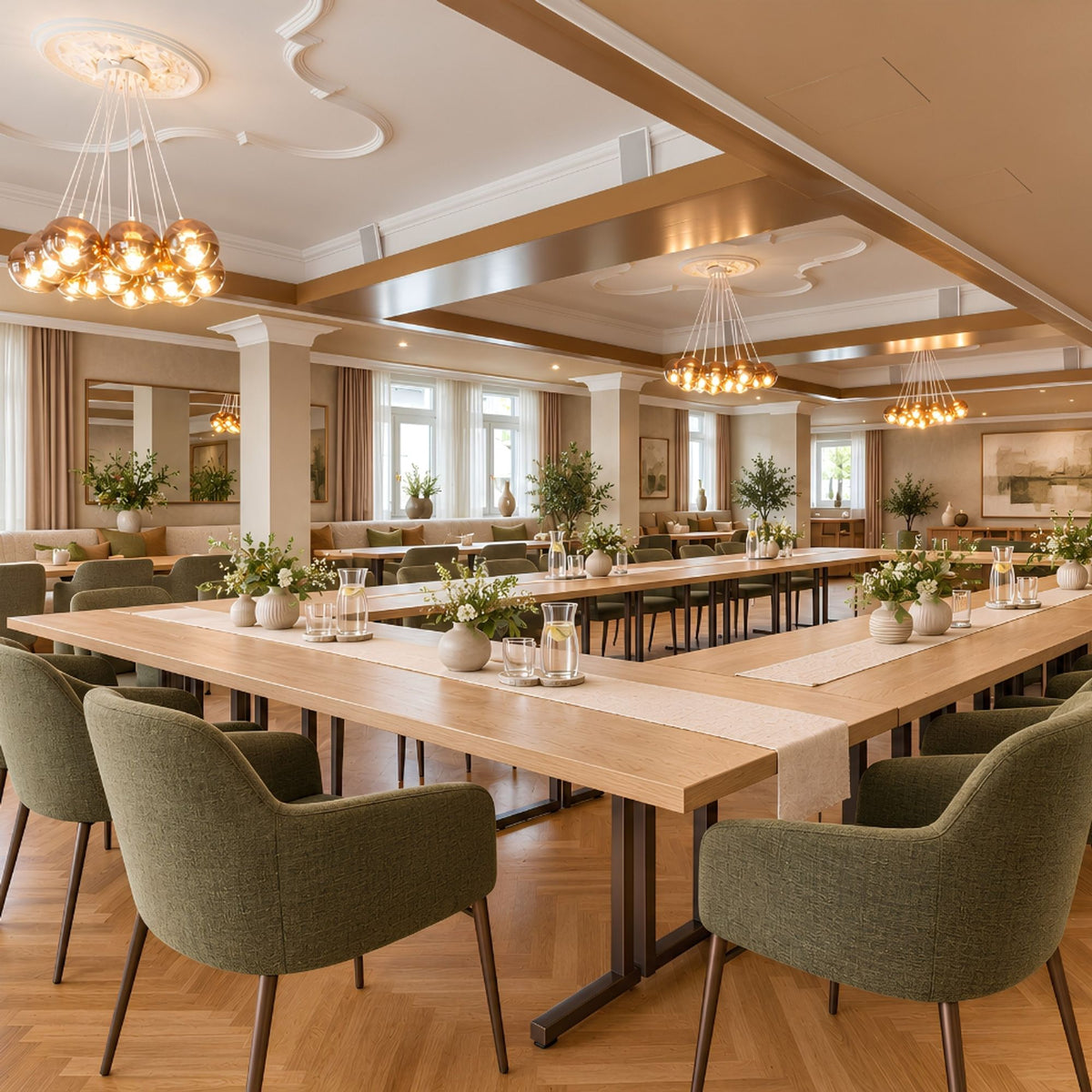 Plusieurs suspensions grappes alignées au-dessus de grandes tables dans une salle de réception.