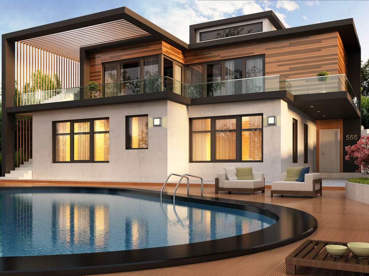 Mise en ambiance sur façade moderne avec piscine, deux appliques allumées