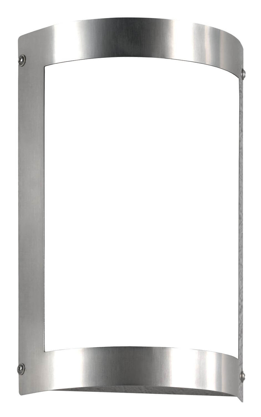 Vue légèrement inclinée de l'applique en inox brossé, capot supérieur et inférieur.