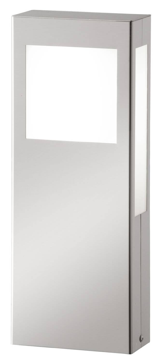 Vue de face du luminaire rectangulaire inox, avec diffuseur blanc et finition brossée.