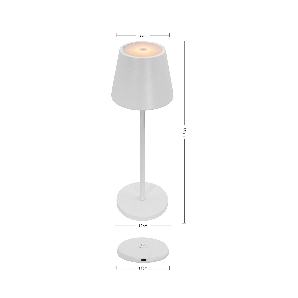 Schéma côté de la lampe : hauteur 35 cm, abat-jour 8 cm, base 12 cm