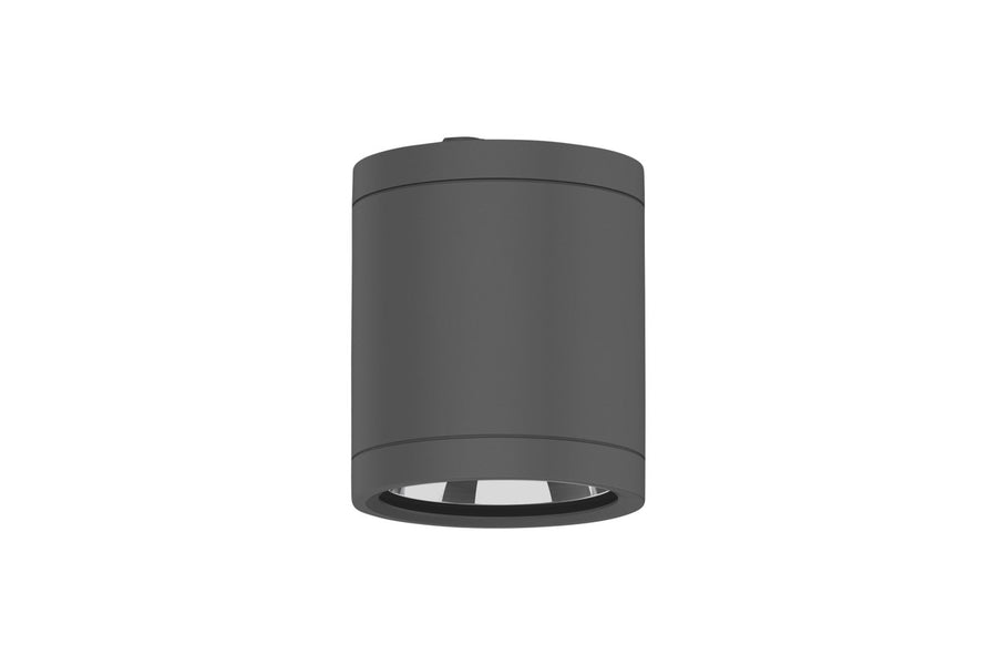 Vue rapprochée du plafonnier montrant la finition anthracite mate et la sortie de lumière