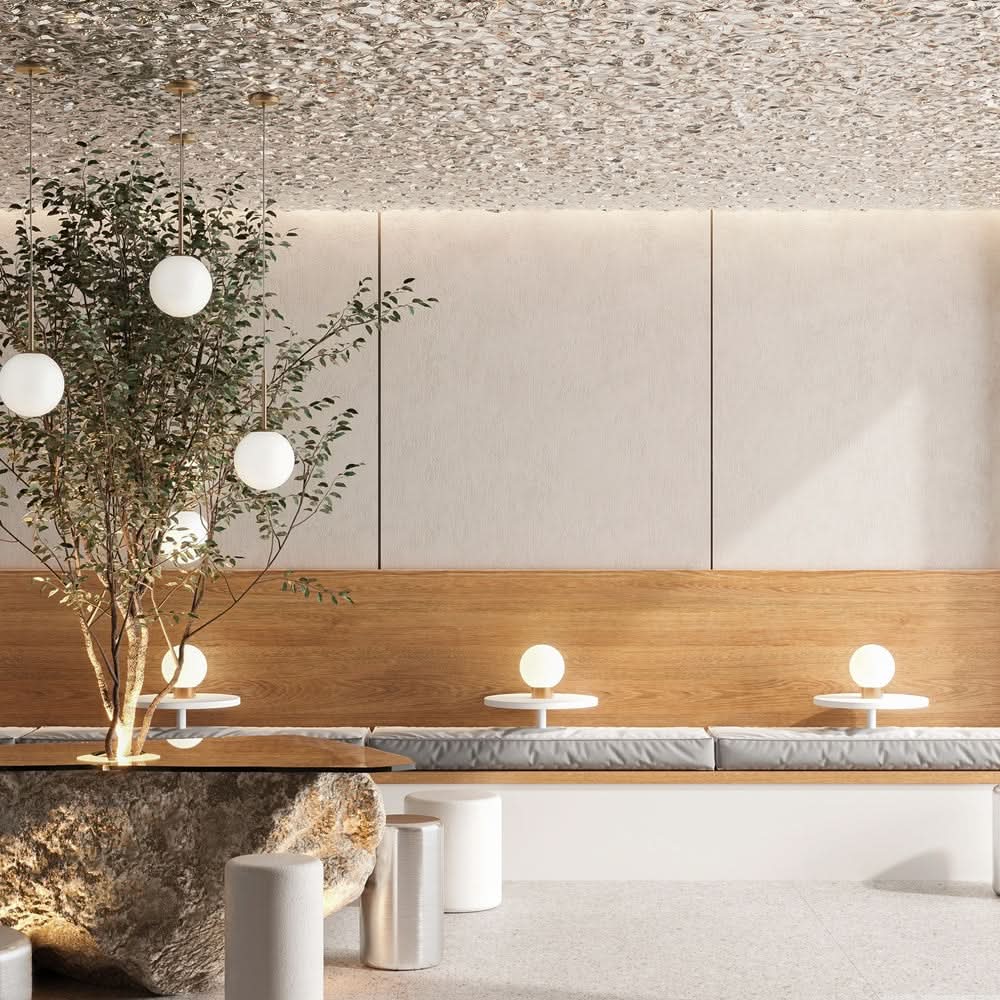 Mise en ambiance intérieure avec boules lumineuses suspendues et murales