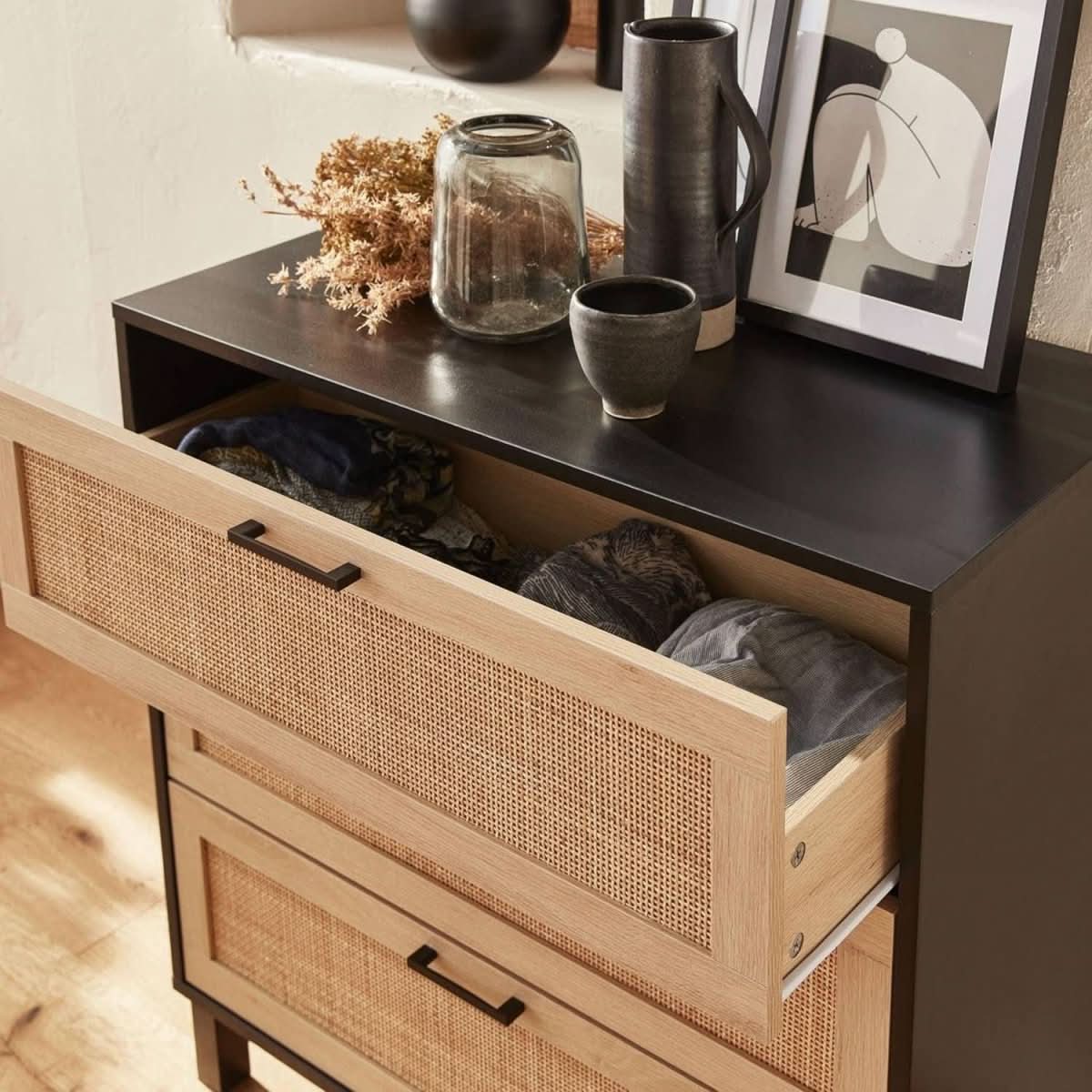 Commode Noire Cannage Tiroirs | Évasion - Designix Commode