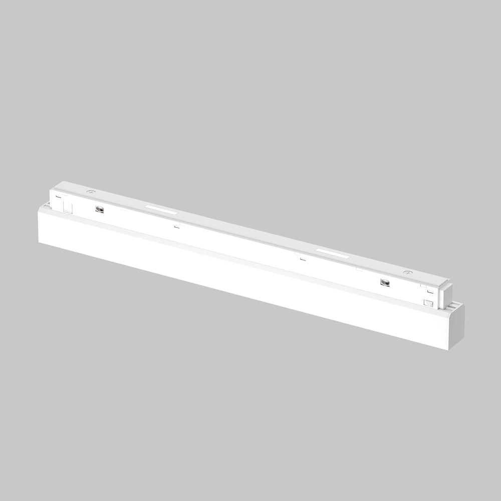 Vue de côté du module blanc : long boîtier rectangulaire fin avec fixations