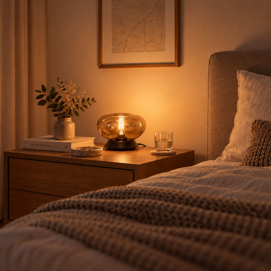 Ambiance de chevet avec la lampe ovale allumée sur une table de nuit en bois