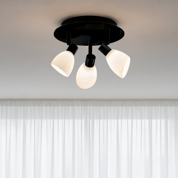 Plafonnier Cut 3 spots, noir et verre opale